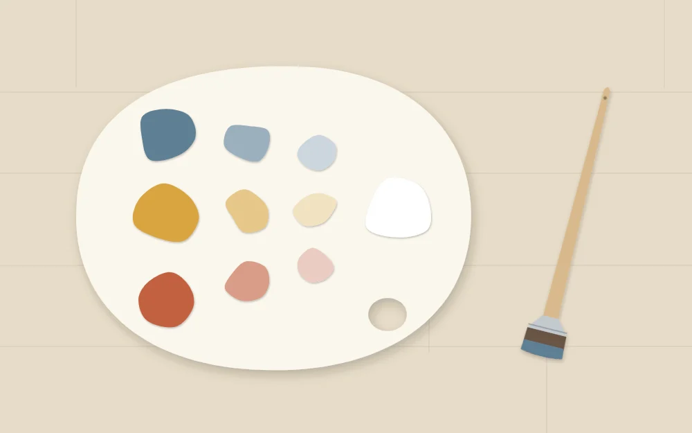 A palette with three colors, white and the mixed tints between them, beside a wide flat brush