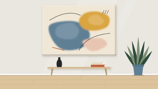 A large abstract canvas on a wall with three broad soft-edged color shapes, a few thin lines and a pale background