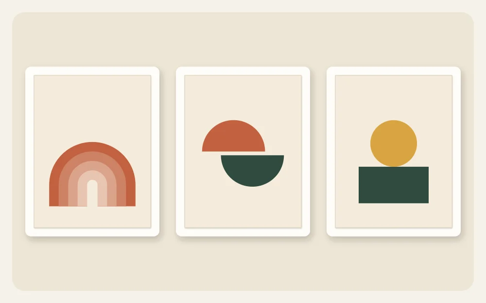 Three small compositions: nested arches, two offset half circles, and a circle balanced on a rectangle