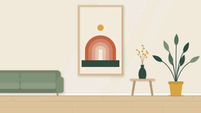 A tall artwork with nested arches in graduated tones standing on a block of color, with a circle above
