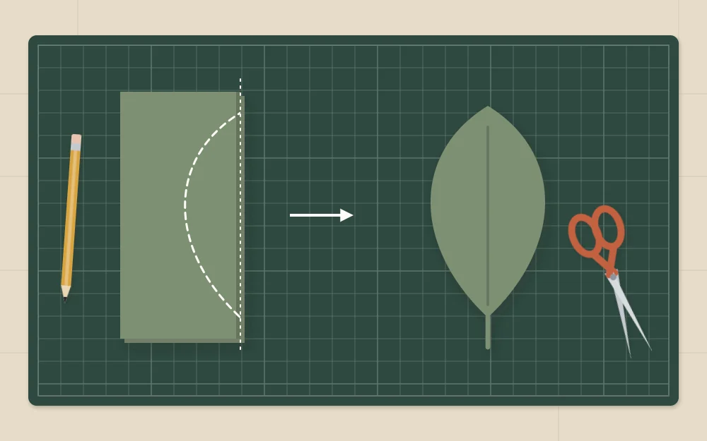 A folded paper with half a leaf drawn along the fold, beside the same leaf opened out symmetrical