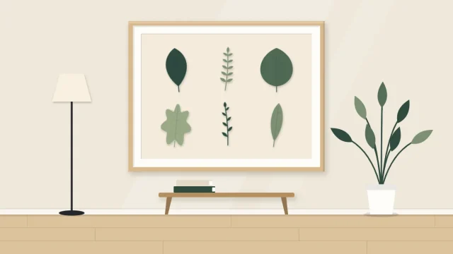 A framed arrangement of six cut paper leaves and stems in greens on a cream background, spaced like a specimen sheet