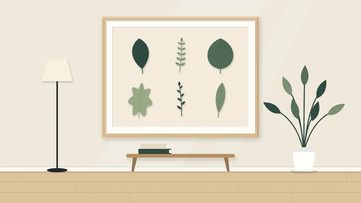 A framed arrangement of six cut paper leaves and stems in greens on a cream background, spaced like a specimen sheet
