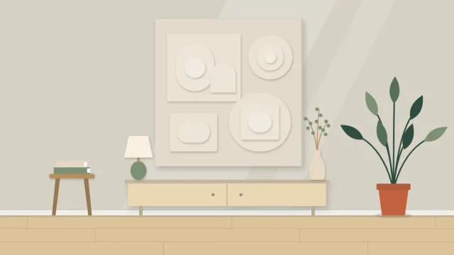 Square relief panel on a wall made of stacked rounded and rectangular shapes painted one pale color