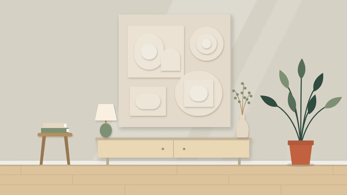 Square relief panel on a wall made of stacked rounded and rectangular shapes painted one pale color