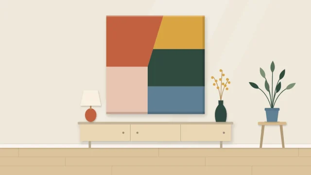 A canvas on a wall divided into five crisp rectangular and angled color blocks with straight edges