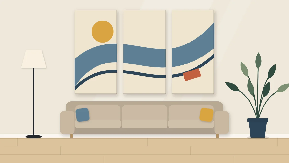 Three tall canvases in a row above a sofa with one sweeping abstract shape flowing across all three panels
