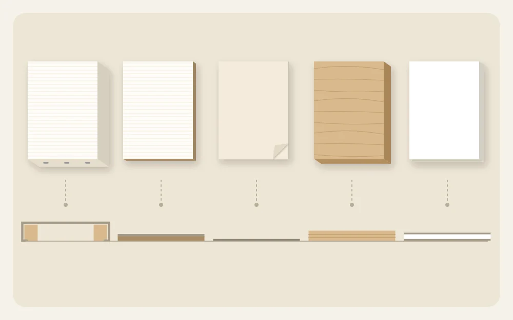 Five blank surfaces in a row: stretched canvas, canvas panel, heavy paper sheet, wood panel and foam board