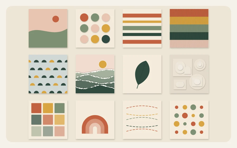 Three by four grid of twelve small thumbnail artworks, each a different idea made from basic shapes