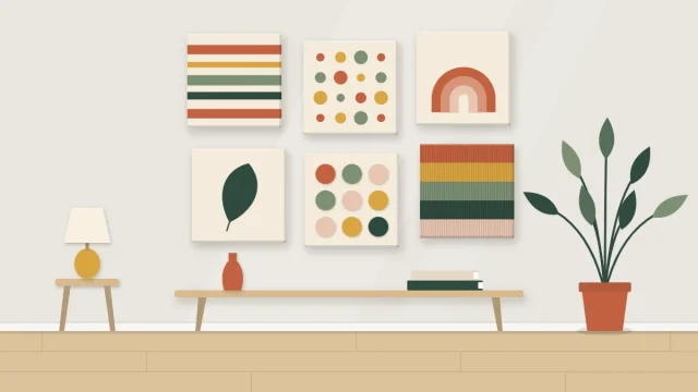 Wall with a loose grid of six small square handmade pieces showing stripes, dots, an arch, a leaf, paper circles and wrapped yarn