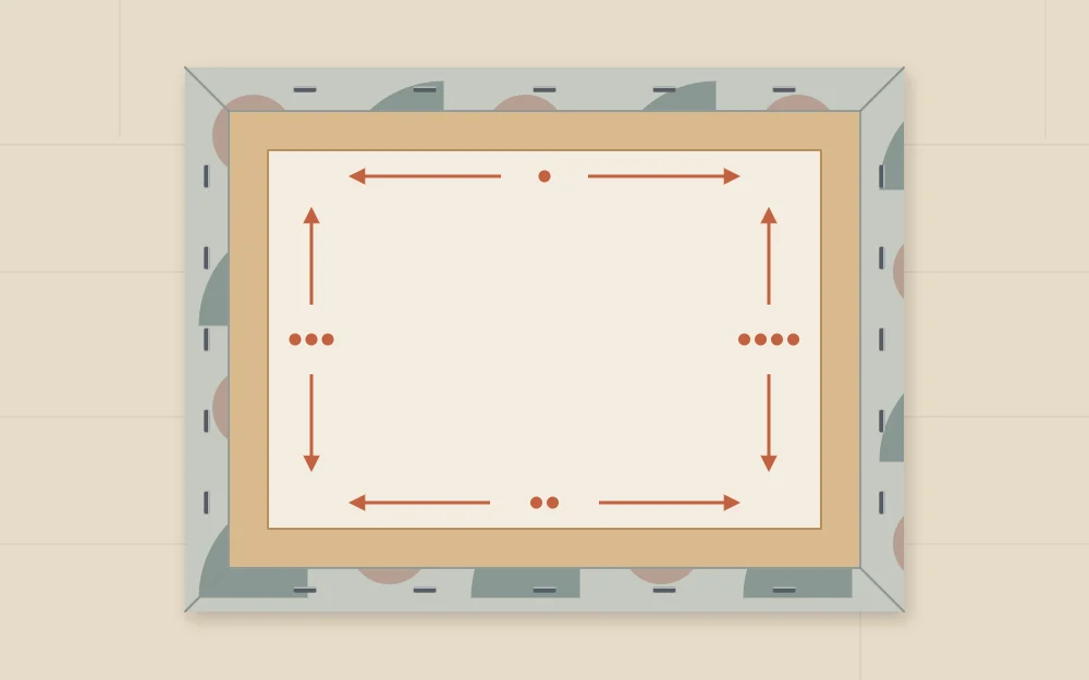Back of a canvas with fabric folded over the frame and staples placed from each center outward