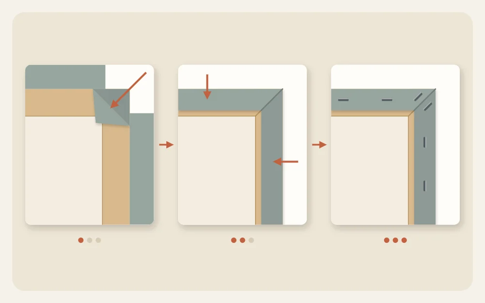 Three step diagrams of a corner: fabric pulled diagonally, sides folded in, corner stapled flat