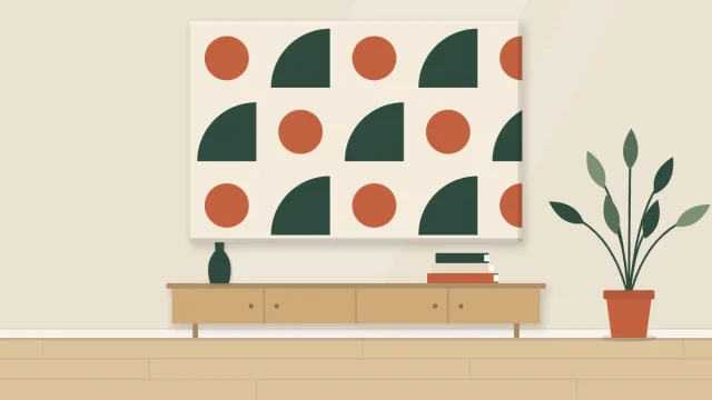 Large rectangular canvas on a wall wrapped in fabric with a bold, simple repeating shape pattern