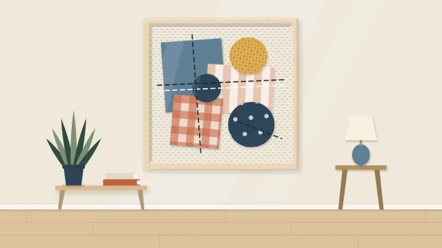 Framed textile collage of overlapping fabric rectangles and rounded shapes in related colors with lines of simple stitches