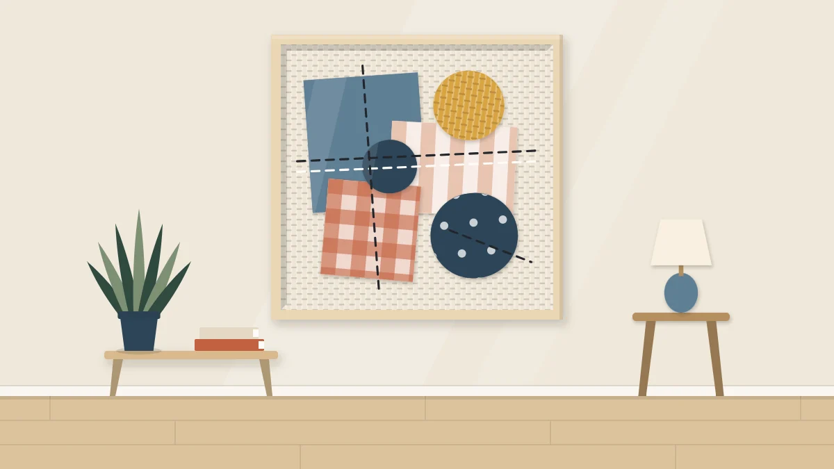 Framed textile collage of overlapping fabric rectangles and rounded shapes in related colors with lines of simple stitches