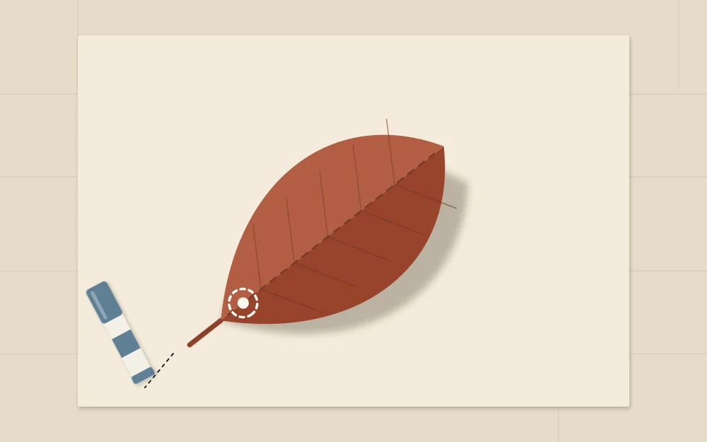 A paper leaf with a scored center fold lifting off the page, glued near the stem