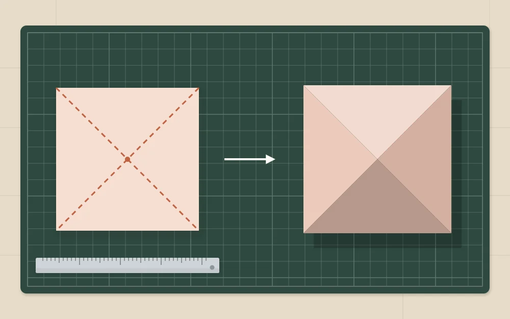 A flat paper square with corner-to-corner score lines beside the same square folded into a low pyramid