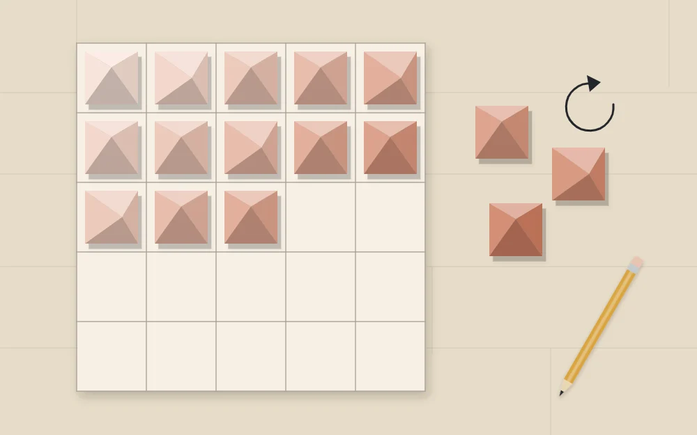 A board with a pencil grid, half filled with folded paper units, some rotated a quarter turn