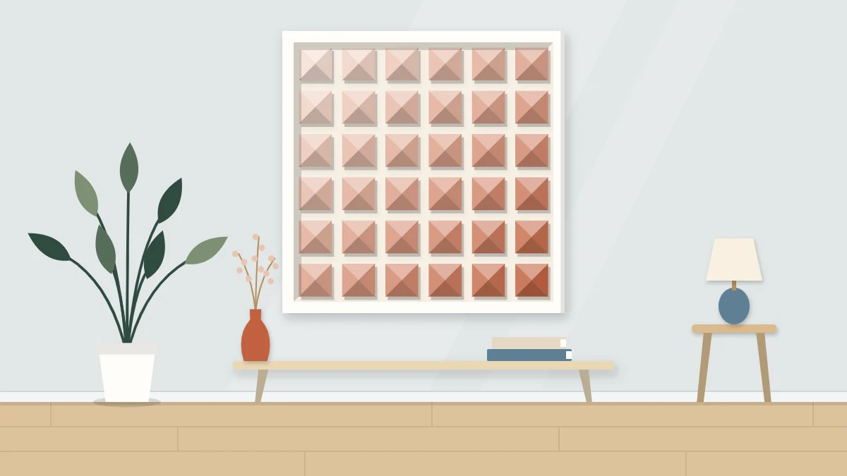Framed grid of small folded paper pyramids in a light-to-dark gradient, each casting a small shadow