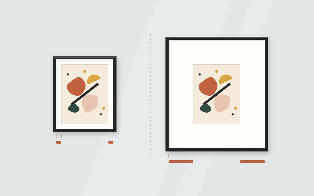 Two framed pieces comparing a narrow mat border and a wide mat border around the same small artwork