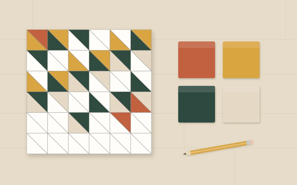 A small planning sketch of a triangle grid with some triangles colored, beside four color swatches