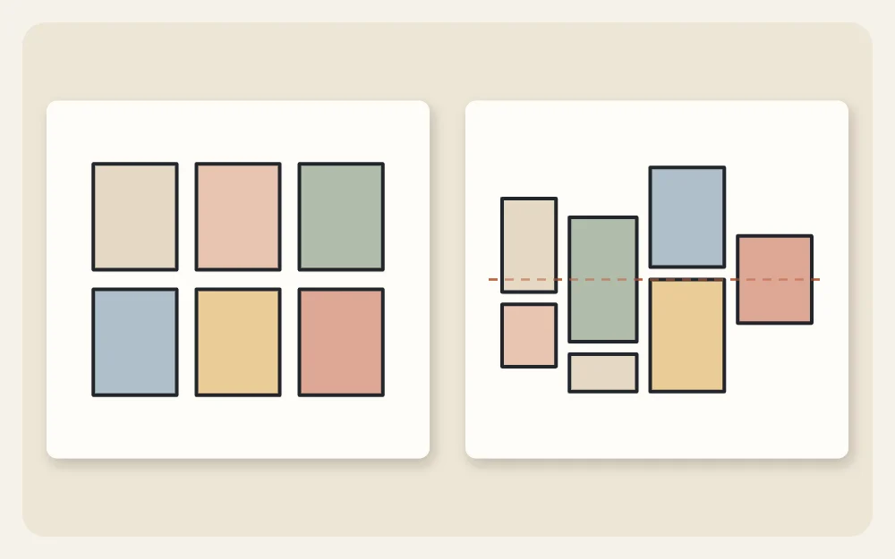 Two layout diagrams: a grid of six equal frames and an organic cluster on a center line