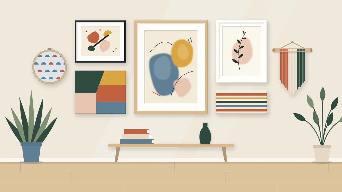 A gallery wall of seven handmade pieces of different sizes arranged around one larger anchor piece with even gaps