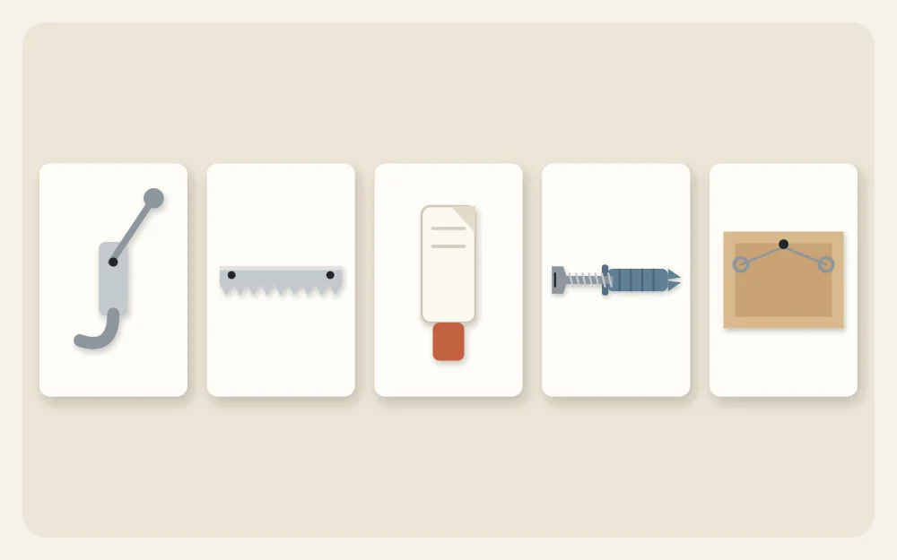 Hanging hardware icons: nail with hook, sawtooth hanger, adhesive strip, screw with wall anchor, wired frame back