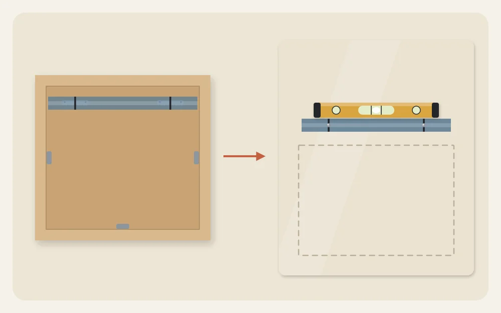 Frame back with tape marking the hanger position, and the same tape moved to the wall