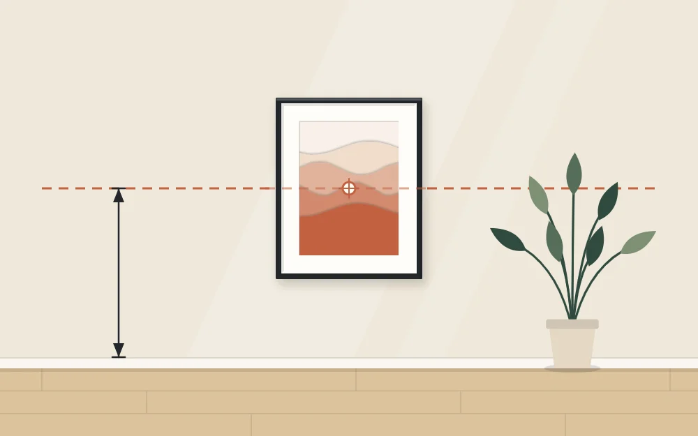 Wall diagram with a dashed eye-level line passing through the center of a hanging frame