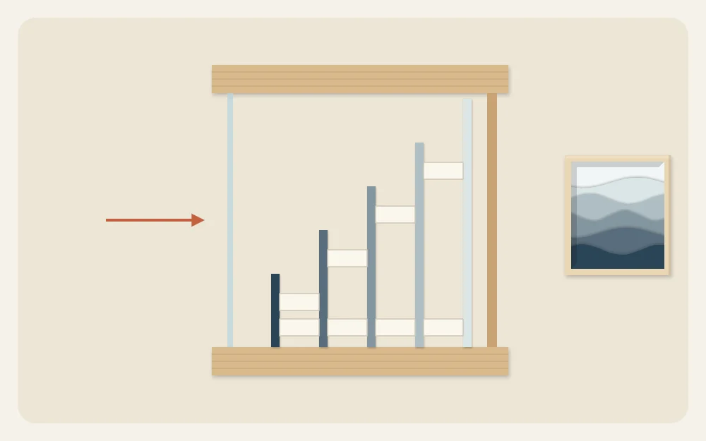 Cross-section side view of paper layers stacked with small foam spacer blocks between them inside a deep frame