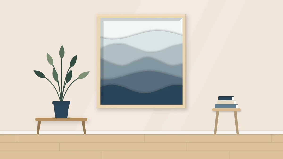 A framed artwork of five overlapping wavy paper layers stepping from pale to deep tones with soft shadows between them