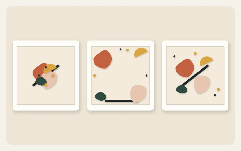 Three panels of the same shapes: crowded in the center, spread out, and balanced with open space
