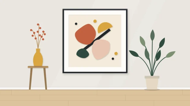 A framed abstract collage of overlapping cut paper shapes: rounded blobs, a half circle, a long strip and small dots on a pale background