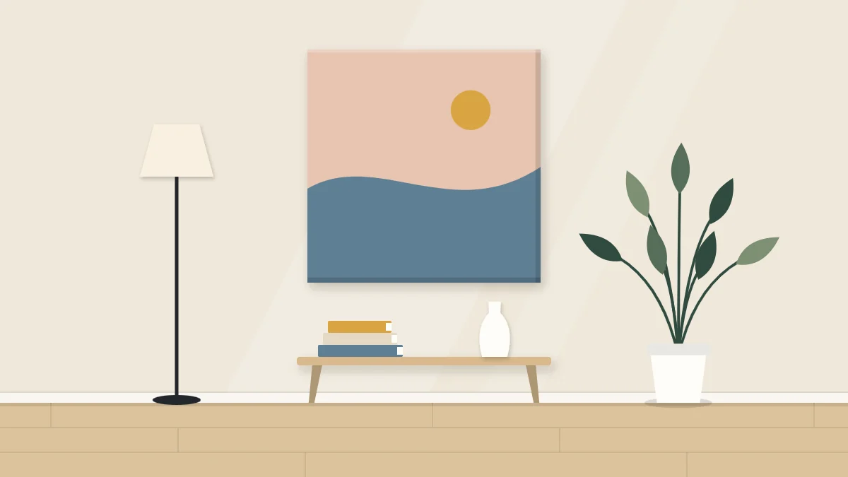 Square canvas on a wall painted in two flat color fields divided by a gentle curve with one small accent circle