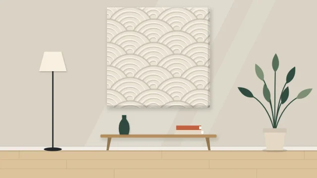 A monochrome canvas on a wall covered in raised combed arcs and ridges that catch the light