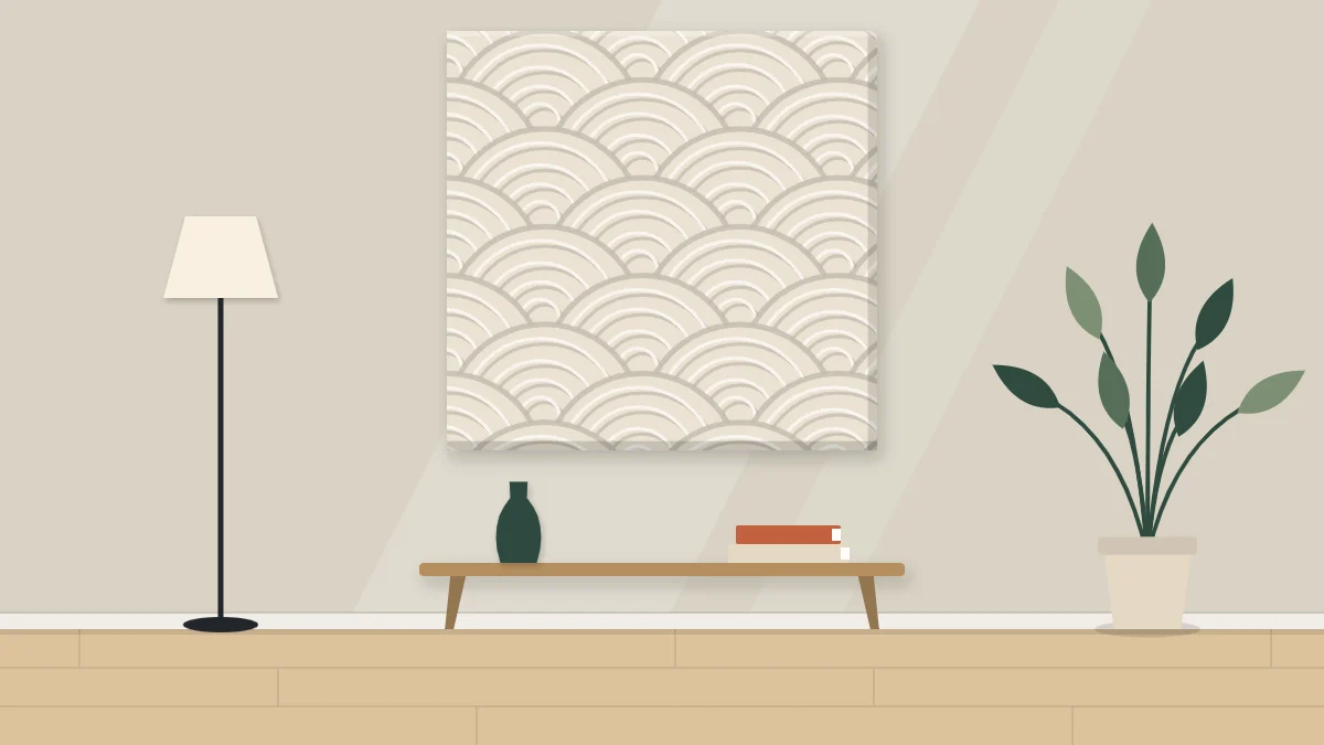 A monochrome canvas on a wall covered in raised combed arcs and ridges that catch the light