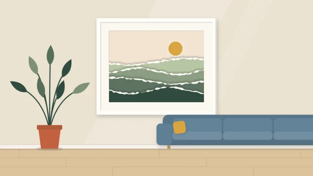 A framed landscape of torn paper bands with rough white edges: pale sky, a round sun and four rows of hills darkening toward the front