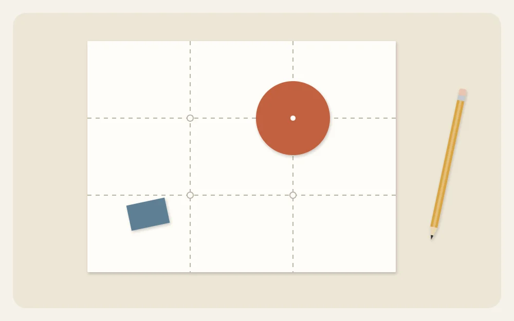 A rectangle divided into thirds with a circle on one intersection and a small shape opposite