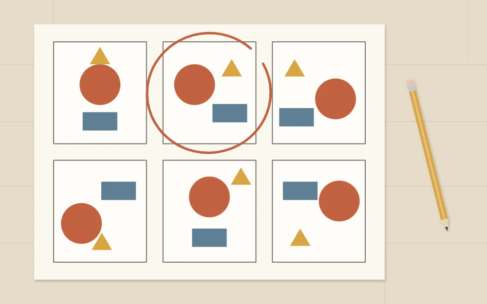 Six small thumbnail sketches in a grid arranging the same three shapes, with one circled