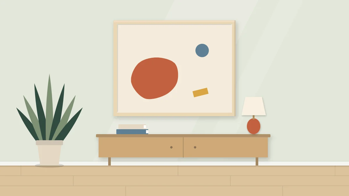 An abstract artwork with one large off-center shape, two smaller shapes and plenty of empty space around them