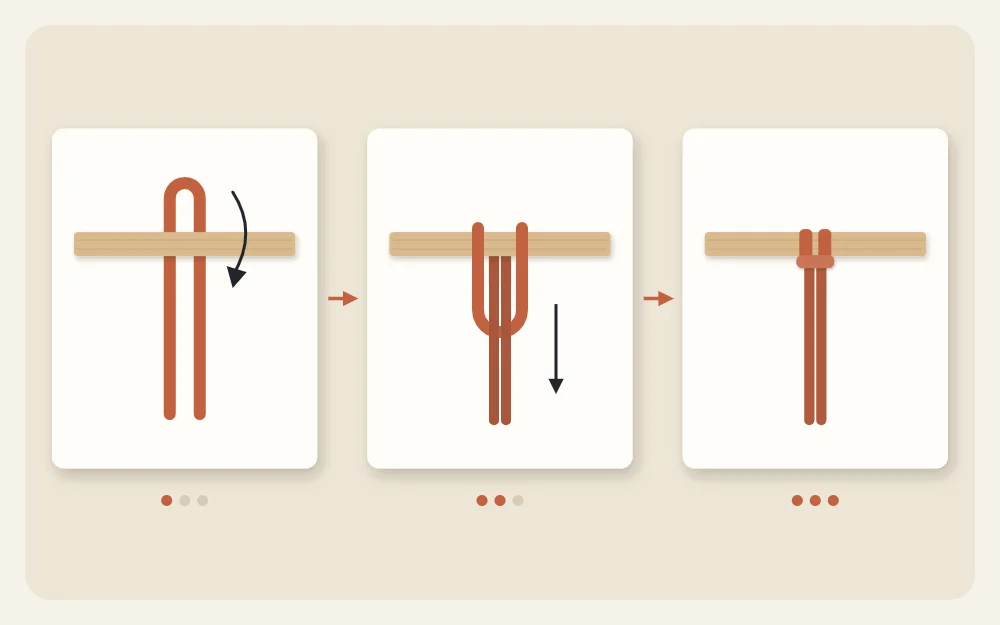 Three step diagrams of a folded strand looped behind a dowel, ends pulled through, and knot tightened