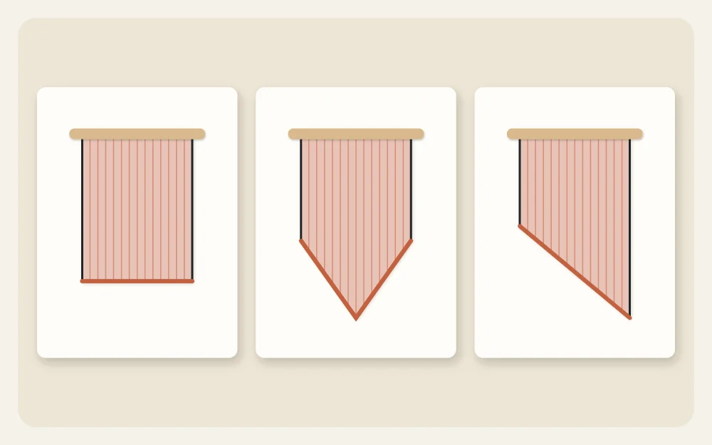 Three hanging outlines showing different bottom trims: a straight edge, a V point and a diagonal slope